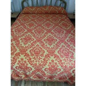 Vintage MCM Full/Queen Red & Gold Fringed Damask Bedspread 94”x96”